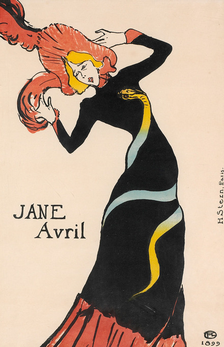 Zu sehen ist eine Farblithographie von Henri de Toulouse-Lautrec aus dem Jahr 1899. Sie trägt den Titel: Jane Avril.